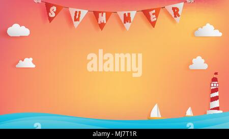 Summer background conception consist of text bunting on top , calm ocean with two boats are on the right beside light house, free space on middle Stock Vector