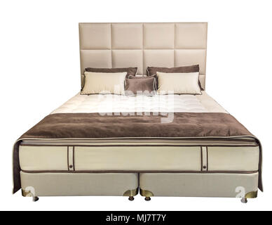 Luxury gray beige modern bed furniture with patterned bed with leather upholstery headboard . Soft velour fabric bedclothes. Classic modern furniture  Stock Photo