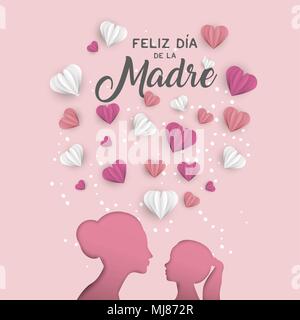 Happy Mothers day holiday greeting card illustration in spanish language. Pink paper cut mom and little girl silhouette cutout with 3d heart shape pap Stock Vector