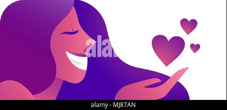 Woman in love concept illustration of beautiful happy girl blowing kiss with heart shape icons. Horizontal card format for web banner or header. EPS10 Stock Vector