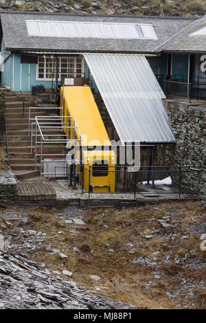 Deep Mine Train Cable railway into the historic slate mine of Llechwedd Caverns in ...