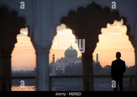 Rear view of man standing underneath scalloped arch on balcony at sunset, Taj Mahal palace and mausoleum in the distance. Stock Photo