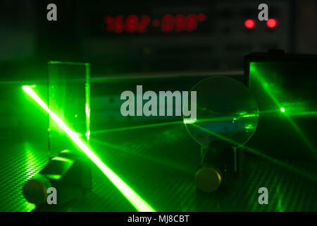 Green laser on optical table in a quantum optics laboratory Stock Photo