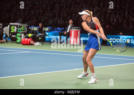 Denmark, Copenhagen - April 30, 2018. Caroline Wozniacki (pictured) faces Venus Williams at the Champions Battle 2018 in Telia Parken, Copenhagen. (Photo credit: Gonzales Photo - Samy Khabthani). Stock Photo