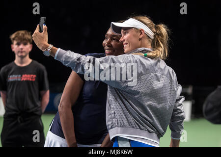 Denmark, Copenhagen - April 30, 2018. Caroline Wozniacki faces Venus Williams at the Champions Battle 2018 in Telia Parken, Copenhagen. (Photo credit: Gonzales Photo - Samy Khabthani). Stock Photo