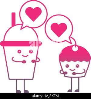 kawaii soda cup and cake talking cartoon vector illustration gradient color Stock Vector