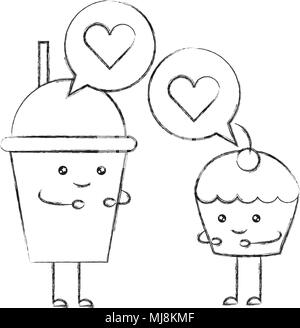 kawaii soda cup and cake talking cartoon vector illustration sketch Stock Vector