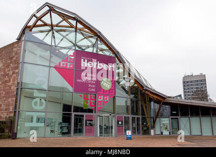 Coventry, West Midlands, UK - April 7, 2018: Entrance to Herbert art gallery and museum in Coventry on a cloudy day Stock Photo