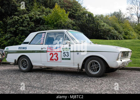 1967 White Ford Lotus Cortina Mk II Sports Saloon Car front offside right hand drivers side view of 1967 white with green stripe ford lotus cortina ma Stock Photo