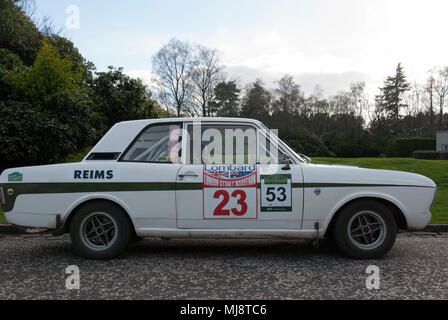 1967 White Ford Lotus Cortina Mk II Sports Saloon Car offside right hand drivers side view of 1967 white with green stripe ford lotus cortina mark 2 c Stock Photo