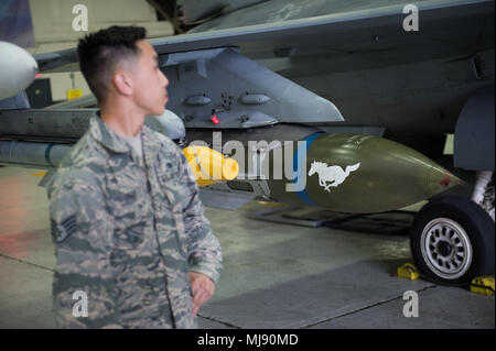 Entertainers check out a 51st Fighter Wing F-16 at Osan Air Base, Republic of Korea; the second stop on the annual Vice Chairman's USO Tour, April 23, 2018. Comedian Jon Stewart, country music artist Craig Morgan, celebrity chef Robert Irvine, professional fighters Max “Blessed' Holloway and Paige VanZant, and NBA Legend Richard “Rip' Hamilton will join Gen. Selva on a tour across the world as they visit service members overseas to thank them for their service and sacrifice. (DoD Photo by U.S. Army Sgt. James K. McCann) Stock Photo