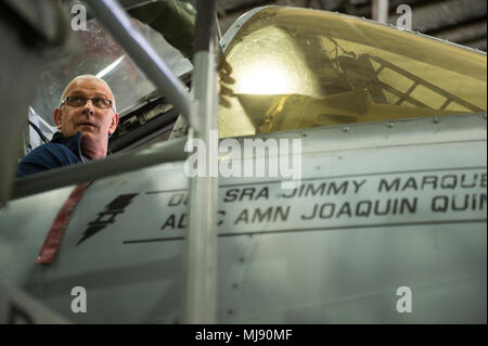 Entertainers check out a 51st Fighter Wing A-10 at Osan Air Base, Republic of Korea; the second stop on the annual Vice Chairman's USO Tour, April 23, 2018. Comedian Jon Stewart, country music artist Craig Morgan, celebrity chef Robert Irvine, professional fighters Max “Blessed' Holloway and Paige VanZant, and NBA Legend Richard “Rip' Hamilton will join Gen. Selva on a tour across the world as they visit service members overseas to thank them for their service and sacrifice. (DoD Photo by U.S. Army Sgt. James K. McCann) Stock Photo