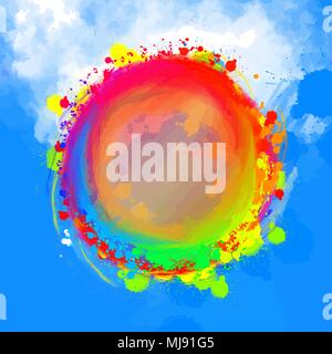 Abstract circle with various ink drops on blue. colored vector concept design. Hand-drawn digital asset. Stock Vector