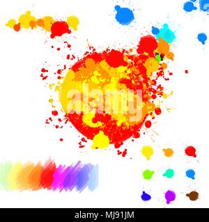 Set of various colorful ink splatter drops. Colored vector concept design. Hand-drawn digital asset. Stock Vector