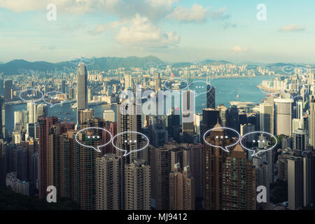 Blank space for text on Hong Kong city and bubble chat for communication. Technology and communication concept Stock Photo