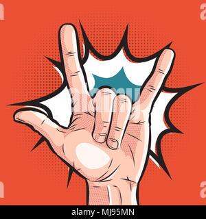 comic hand showing sign of horns. pop art rock gesture on halftone background Stock Vector