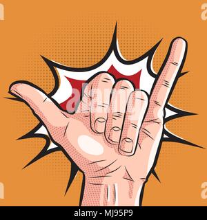 comic hand showing shaka sign. pop art surf greeting gesture on halftone background Stock Vector