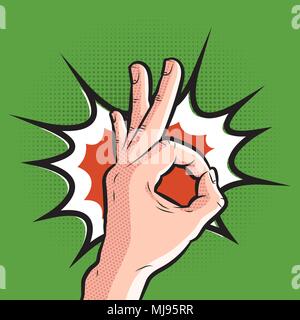 comic hand showing ok gesture. pop art all is well sign on halftone background Stock Vector