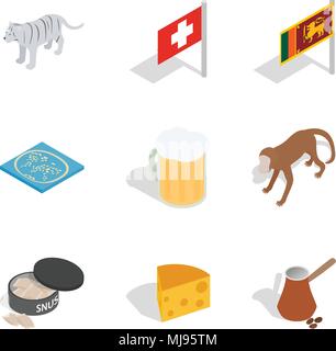 Worldwide tour icons set, isometric style Stock Vector
