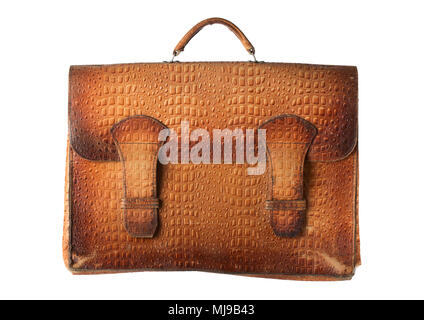 Leather shabby briefcase isolated on white background. Clipping path. Stock Photo