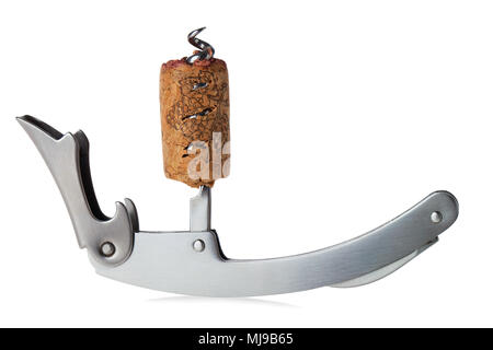 The cork on the corkscrew isolated on white background. Clipping path. Stock Photo