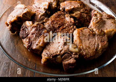 lamb meat slices in glass bowl. Stock Photo