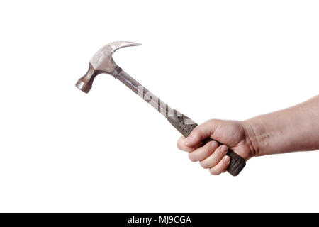 One hand holding a carpenters claw hammer isolated on white background. Stock Photo