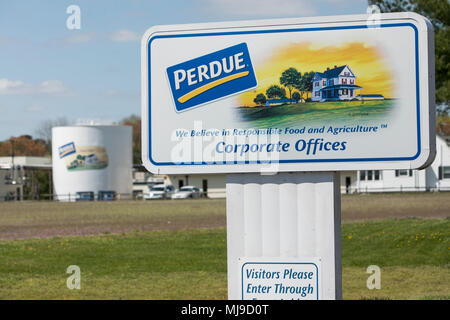 A logo sign outside of the headquarters of Perdue Farms in Salisbury, Maryland, on April 29, 2018. Stock Photo