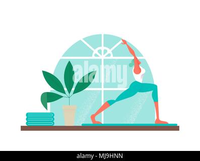 Girl doing yoga exercise at home studio. Modern style illustration of woman working out. EPS10 vector. Stock Vector