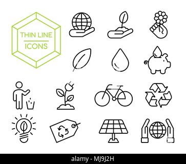 Green eco friendly thin line icon set, environment conservation symbol collection in modern outline style. EPS10 vector. Stock Vector