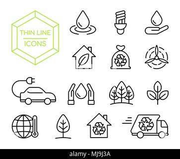 Green nature help thin line icon set, environment conservation symbol collection in modern outline style. Includes electric car, smart house and renew Stock Vector