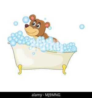 Cartoon bear in bathtub witth bubbles isolated on white background Stock Vector