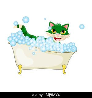 Cartoon cat in bathtub witth bubbles isolated on white background Stock Vector