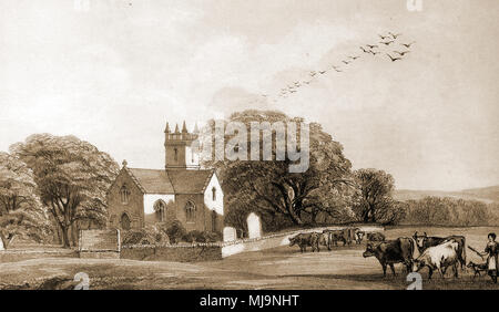 A 19th century engraving showing the village church at Borgue, Dumfries and Galloway, Scotland before many of the modern buildings nearby were in existence (Church of Scotland) Stock Photo