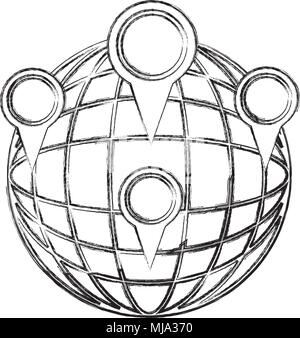 sphere planet with pins locations vector illustration design Stock Vector