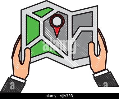 hand holds gps navigation folded map pin vector illustration Stock ...