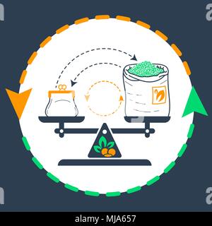 concept of fair trade in the form of balanced weights with money and a bag of tea on the arrow of the exchange. Icon in the linear style Stock Vector