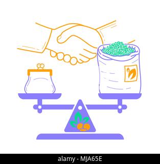 concept of fair trade in the form of balanced weights with money and a bag of tea against the background of a handshake. Icon in the linear style Stock Vector