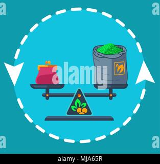 concept of fair trade in the form of balanced weights with money and a bag of tea on the arrow of the exchange. Icon in the flat style Stock Vector