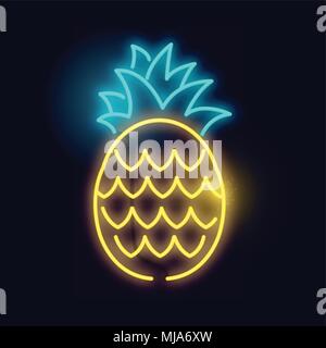 A glowing neon pineapple light sign. Layered vector illustration. Stock Vector