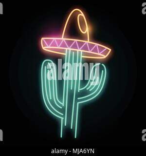 A neon glowing light in the shape of a cactus plant wearing a hat. Vector illustration. Stock Vector