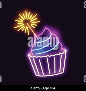 A glowing neon light sign cupcake with a sparkler. Vector illustration. Stock Vector