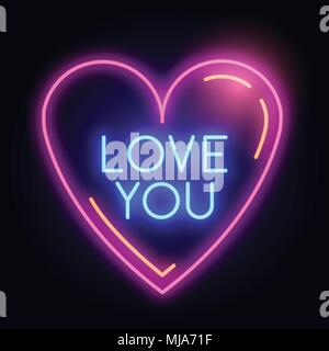 A glowing pink neon light heart with the words love you, vector illustration. Stock Vector