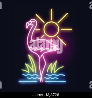 Tropical Neon Tube Light with a pink flamingo, sea and sun. Layered Vector illustration Stock Vector