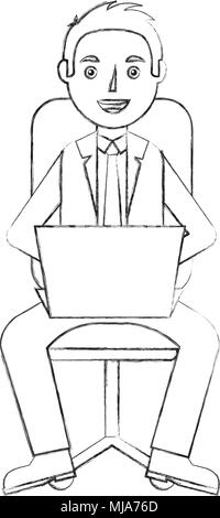 businessman with laptop sit in office chair vector illustration sketch Stock Vector