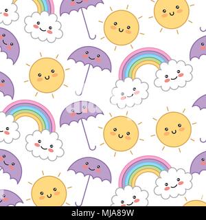 rainbow with sun and umbrella pattern kawaii character vector illustration design Stock Vector