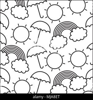 rainbow with sun and umbrella pattern kawaii character vector illustration design Stock Vector