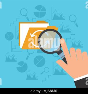 hand holding magnifier glass search folde files refresh vector illustration Stock Vector