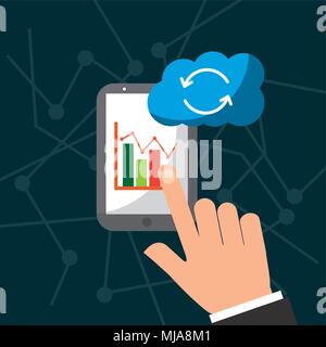 hand pressing screen mobile phone cloud computing refresh vector illustration Stock Vector