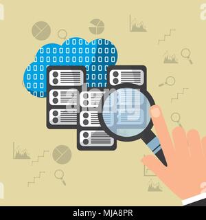 hand holding magnifier glass searching analysis data server cloud binary vector illustration Stock Vector